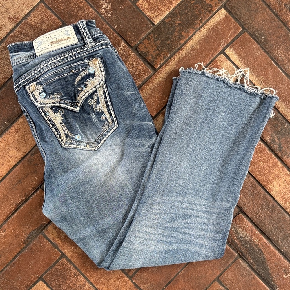 Grace in LA Medium Wash Embroidered Bootcut Jeans